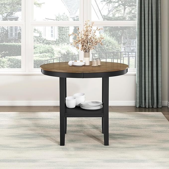Lexicon 5 Piece Counter Height Dining Set for 4 - Acacia Veneer Wood Table Round with Storage Shelf and Cross Back Chairs, Dining Room Small Kitchen Table Set for 4, Two-Tone Finish (Brown and Black)