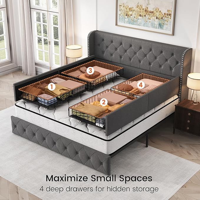 LARMACE Upholstered King Size Bed Frame with 4 Storage Drawers and 47.2" Tall Wingback Headboard Tufted Platform Bed Frame Linen Beds with Wooden Slats Support, Easy Assembly, Light Grey