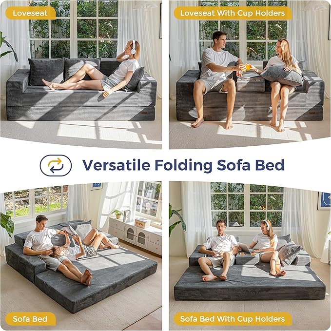 MAXYOYO Convertible Sofa Bed, 80" Oversized Boneless Loveseat Couch 4 in 1 Foldable Floor Sofa Couch in A Box with 2 Cup Holders, Folding Sleeper Chair for Living Room, Charcoal Grey