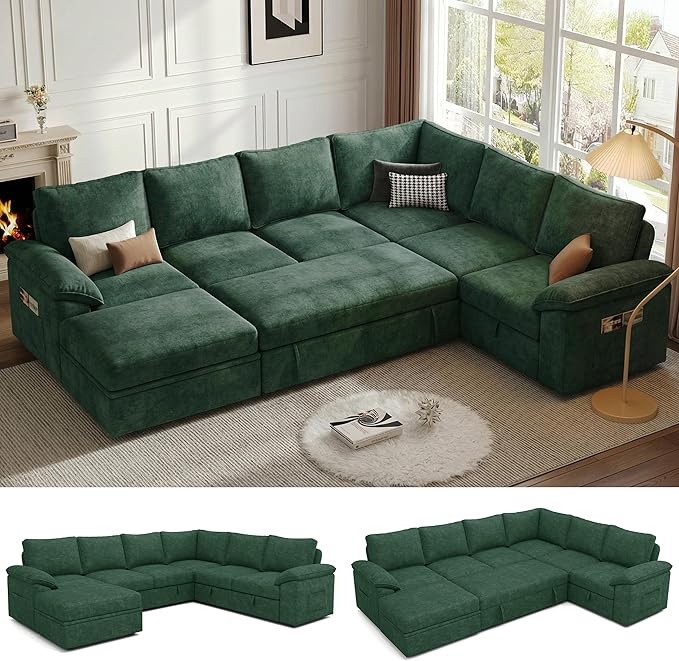 108 Inch Modular Sectional Sofa with Pull Out Bed,U Shaped 7 Seat Sectional Sleeper Sofa with Storage,Sectional Couches for Living Room,Cloud Modular Couch,Removable Sofa Cover,Green