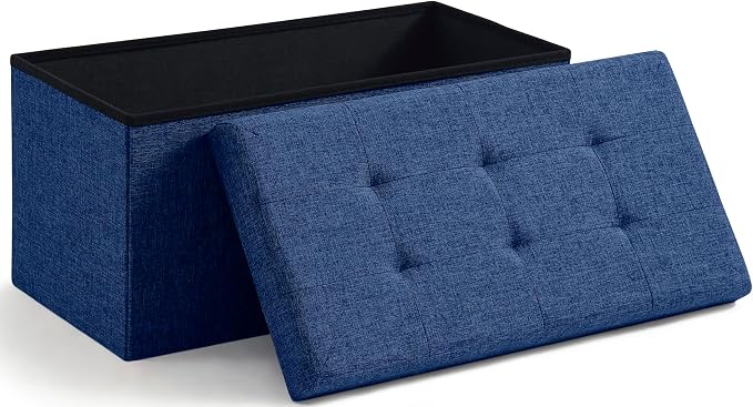 Ornavo Home Folding Storage Ottoman, 30 Inch Large Storage Bench with Lid, Foot Rest Stool for Bedroom, Living Room, Entryway, Tufted Linen Upholstered - Navy Blue