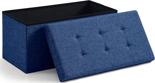 Ornavo Home Folding Storage Ottoman, 30 Inch Large Storage Bench with Lid, Foot Rest Stool for Bedroom, Living Room, Entryway, Tufted Linen Upholstered - Navy Blue