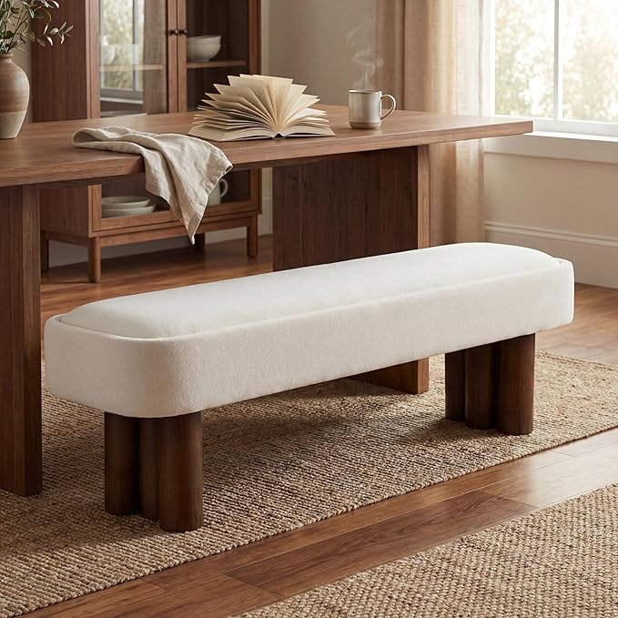 Christopher Knight Home Damas 60.04" Fabric Upholstered Dining Bench, Wooden Entryway Bench, Long Sofa Footstool for Living Room, Bedroom End of Bed Bench, Milky White+Walnut