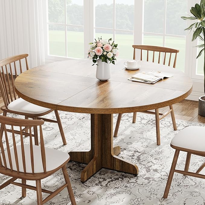 IDEALHOUSE Round Dining Table for 4, 47 Inches Circle Dining Room Table with Wooden Base for Kitchen, Living Room (Table Only), Brown