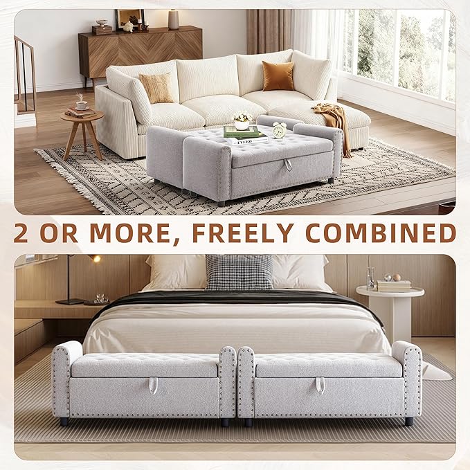 48" Ottoman with Storage, Tufted Storage Ottoman Bench, Convenient Living Room Fabrics Bench Seat, Entryway Shoe Benches with Inner Zipper&Arm, Upholstered Window Seat Ottomans with Rivets, Light Grey