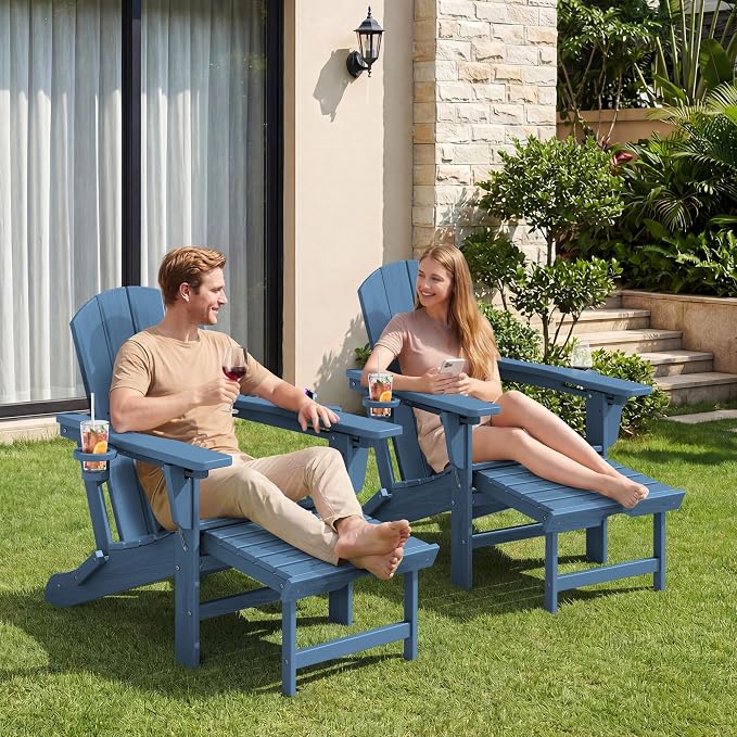 KINGYES Folding Adjustable Adirondack Chair with Retractable Ottoman, HDPE Recliner Adirondack Chair with Cup Holder, Blue