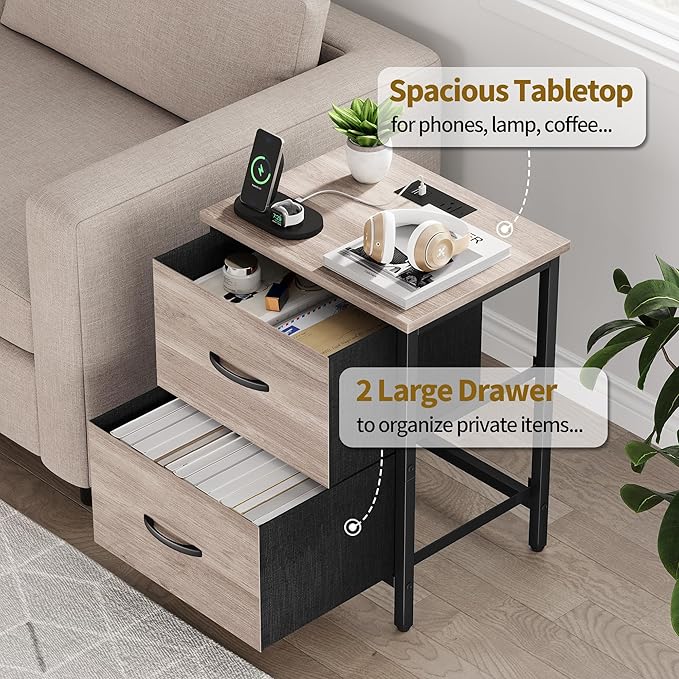 Vagusicc Nightstand with Charging Station, Bedside Table with USB Ports and Outlet, End Table Side Table with 2 Fabric Drawers for Bedroom, Living Room, Greige