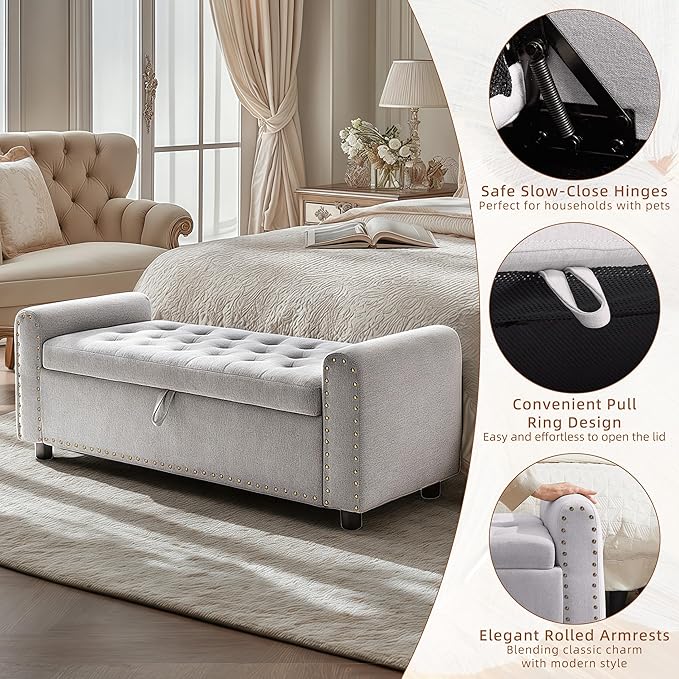 48" Ottoman with Storage, Tufted Storage Ottoman Bench, Convenient Living Room Fabrics Bench Seat, Entryway Shoe Benches with Inner Zipper&Arm, Upholstered Window Seat Ottomans with Rivets, Light Grey