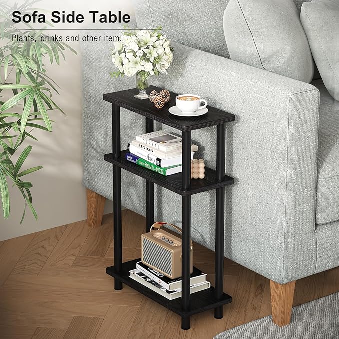 Apicizon Small Narrow Side Table, 3-Tier Skinny End Table with Storage Shelf, Slim Nightstand Bedside Table for Small Spaces, Living Room, Bderoom, Black