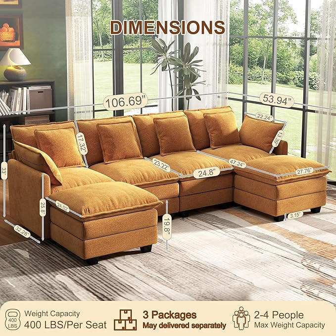107" Cloud Couch Sectional, U Shaped Modular Sectional Sofa, 4-Seat Deep Seat Couch with 6 Removable Washable Pillows and 2 Ottoman for Living Room, Bedroom, Apartment, Orange