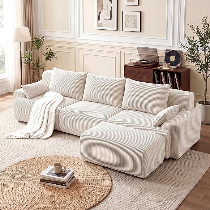 GRUSIGN 118'' Sectional Boneless Oversize Modular Couches, Curved Cloud Sectional Couches for Living Room,Rounded Corner Design L Shape Deep Seat Family Sofa with Ottoman & 3 Throw Pillows, Beige