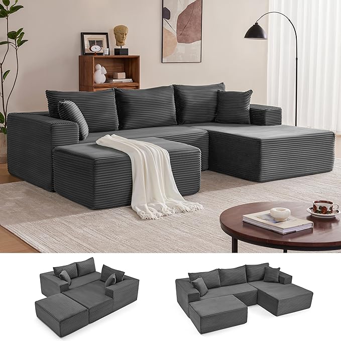 Mangodan 110” Cloud Sectional Couch, Boneless Sofa for Living Room, Modular Sectional Sofa with Deep Seat, Comfy Fluffy U-Shaped Couch with Right-Facing Chaise, No Assembly Required, Grey