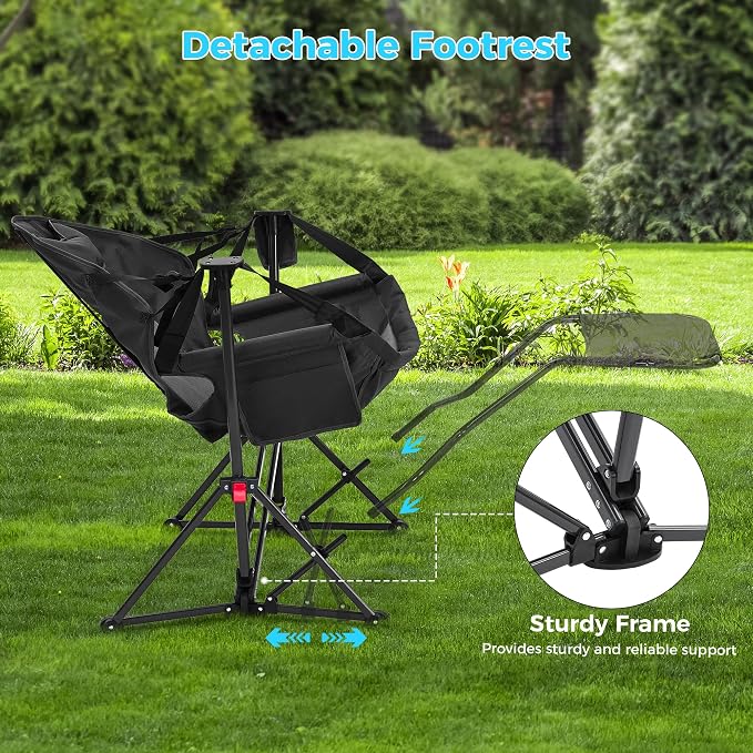 Ainfox Hammock Camping Chair with Footrest, Oversized Folding Swinging Chair for Adults, Rocking Portable Camp with Cup Holder Pillow for Outdoor Patio Lawn Poolside (Matt Black‌)