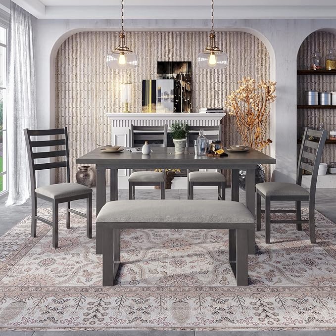 Harper & Bright Designs 6 Piece Kitchen Dining Table Set Wooden Rectangular Dining Table Set for 6, Solid Wood Dining Room Set with Rectangular Table & 4 Chairs with Bench(Gray) ST000055AAE-MZJ