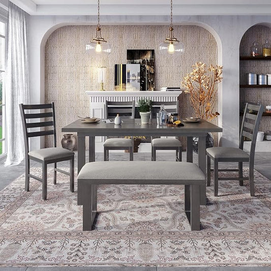 Harper & Bright Designs 6 Piece Kitchen Dining Table Set Wooden Rectangular Dining Table Set for 6, Solid Wood Dining Room Set with Rectangular Table & 4 Chairs with Bench(Gray) ST000055AAE-MZJ