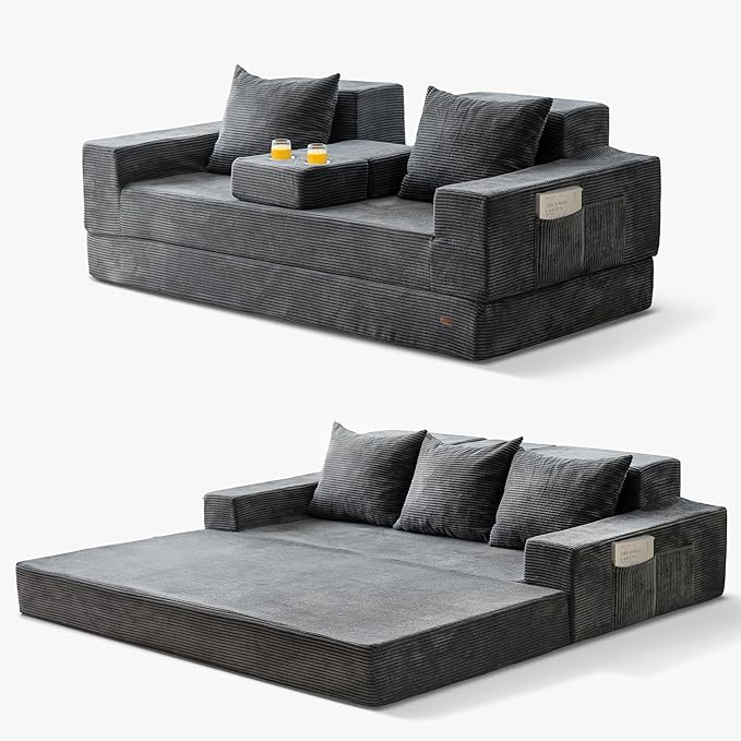 MAXYOYO Convertible Sofa Bed, 80" Oversized Boneless Loveseat Couch 4 in 1 Foldable Floor Sofa Couch in A Box with 2 Cup Holders, Folding Sleeper Chair for Living Room, Charcoal Grey