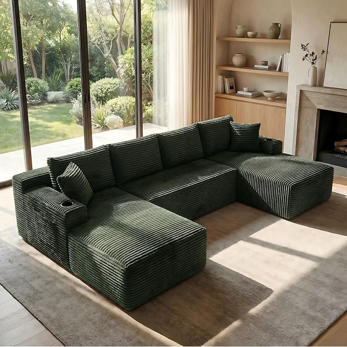 125 Inch Modular Sectional Sofa, Cloud Couch Oversized U Shaped Corduroy Sofa with Storage & Cupholders, Modern Deep Seat Boneless Couches for Living Room, No Assembly Required, Green