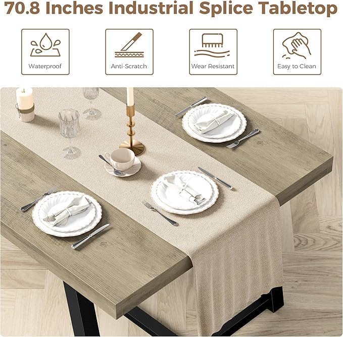 IRONCK 71" Dining Table for 6-8 People, Industrial Kitchen Table with Sturdy Metal Frame, Rectangular Grey Wood Dinner Table for Dining Room