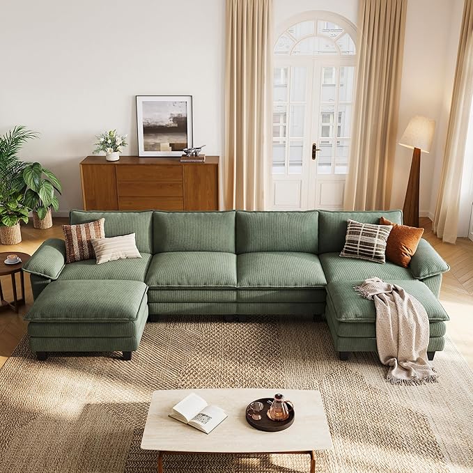 LINSY HOME 157" Modular U-Shaped Sectional Sofa, 4-Seat Corduroy Modern Cloud Couch with Deep Seat & 2 Movable Ottoman, Perfect for Living Room, Office, Bedroom, Green
