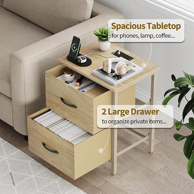 Vagusicc Nightstand with Charging Station, Bedside Table with USB Ports and Outlet, End Table Side Table with 2 Fabric Drawers for Bedroom, Living Room, Natural