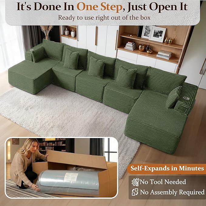 168" Cloud Sectional Couch, Comfort U Shaped Sofa for Living Room, Extra Deep Seats No Assembly, Minimalist Modular Couch, Corduroy (Olive Green, 7 Seats,U-Shape C)