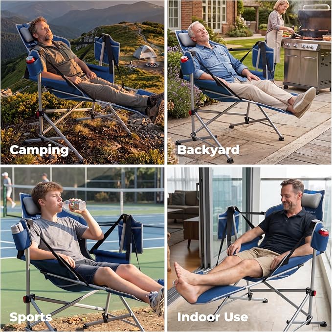Hammock Camping Chair with Footrest, Oversized Swinging Folding Camp Chair for Adults, Adjustable Back & Seat, Heavy Duty Rocking Chair with Cup Holder & Pillow for Outdoor Patio Lawn RV, Blue