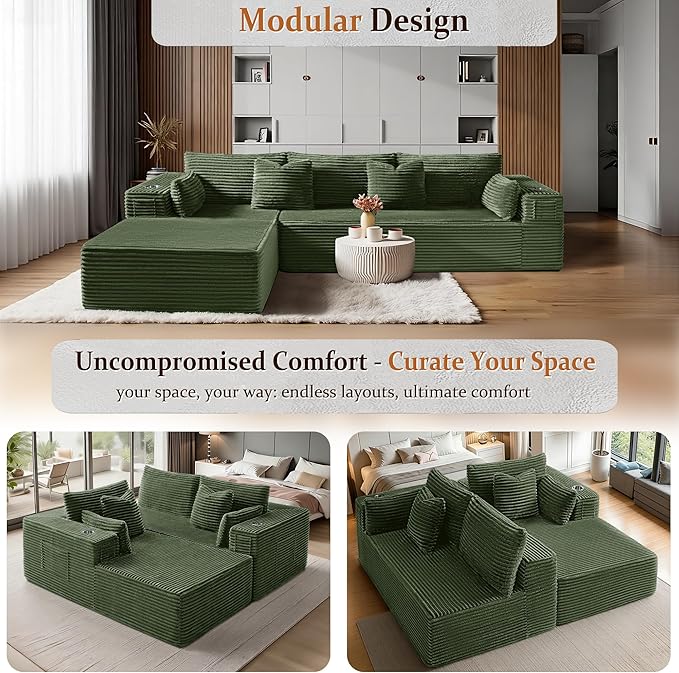 108" Cloud Sectional Couch, Comfort L Shaped Boneless Couch for Living Room, Extra Deep Seats No Assembly, Minimalist Modular Sofa, Corduroy (Olive Green, 2 Seater+Right Facing Chaise)