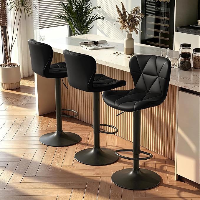 Nalupatio Modern Bar Stools Set of 3, Adjustable Faux Leather Upholstered Swivel Bar Stools, Counter Height Bar Chairs with Back for Kitchen Island, Black