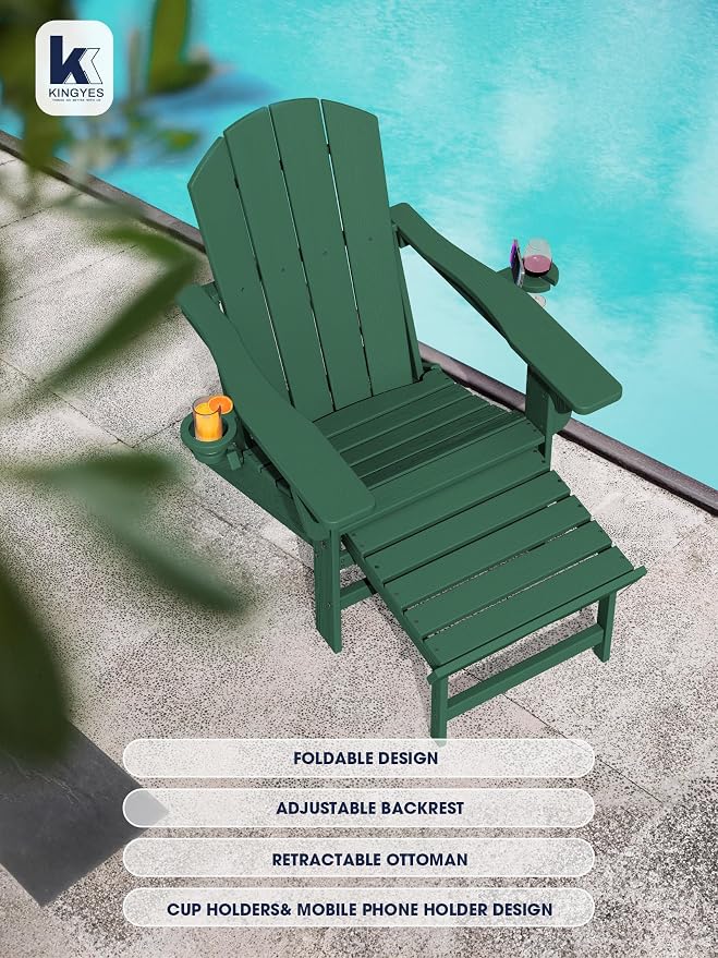 KINGYES Adjustable Folding Adirondack Chair with Ottoman & 2 Cup Holders Set of 2, HDPE Adirondack Reclining Chair with Footrest, Green