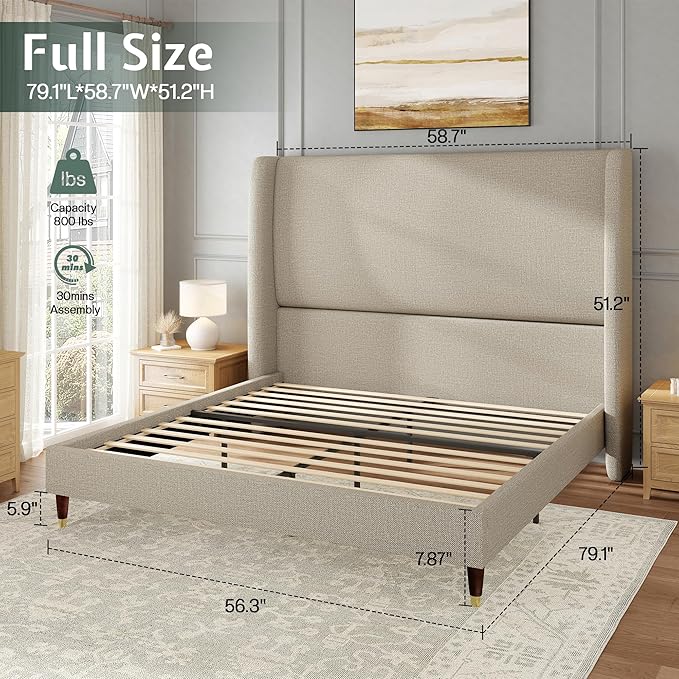 Jocisland Full Bed Frame 51.2" Wingback Headboard Linen Upholstered Platform Bed,Solid Wood Legs & Wooden Slats,No Box Spring Needed,Noise-Free,for Teen Room Small Bedroom Cozy Home,Brown