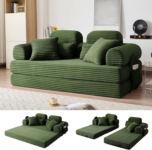 78.8" Convertible Sofa Bed with High Backrest Headrest, 5-in-1 Corduroy Boneless Couch with Side Pocket, Sleeper Loveseat Couch Bed Sectional Couches for Living Room, No Assembly, Light Green