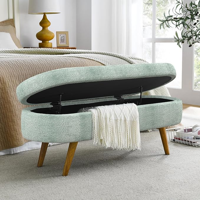 43.5" Ottoman with Storage, Storage Ottoman Bench with Safety Hinge, FoamEnd of Bed Bench, Upholstered Entryway Bench for Bedroom, Living Room & Window, Holds up to 330 lb, Cyan