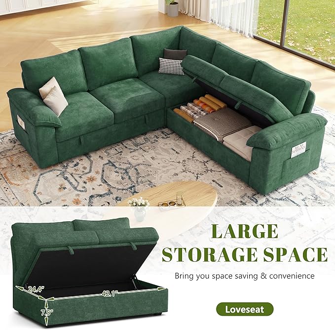 85 Inch Modular Sectional Sofa with Pull Out Bed, L Shaped 5 Seat Sectional Sleeper Sofa with Storage, Sectional Couches for Living Room, Cloud Modular Couch,Removable Sofa Cover,Green