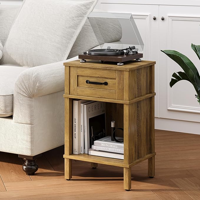 Farmhouse Nightstand with Drawer, Small Wood Bedside Table, Small Rustic Side Table, Modern End Table with Drawer, Wooden Walnut Brown Night Stand for Bedroom LET512DR