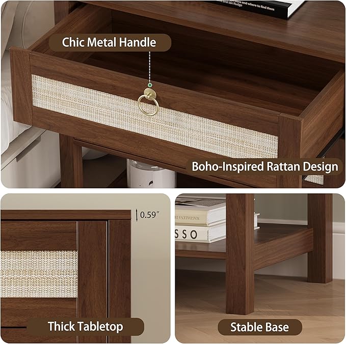 Xixini Nightstand Set of 2, Rattan Boho Bedside Table with 2 Drawers, Open Shelf & Brass Knobs, Small Mid Century Modern Night Stand, Wooden End Side Table for Bedroom, Living Room, Closet, Walnut