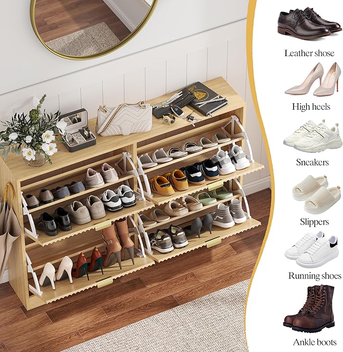 HUANLEGO Shoe Cabinet Storage for Entryway with 4 Flip Drawers, Oak Fluted Shoe Cabinet with Adjustable Shelves, Wooden Hidden Shoes Rack Freestanding Narrow Slim Shoes Storage for Hallway, Entrance