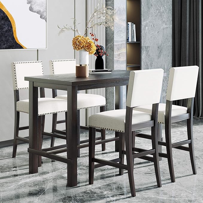 Harper & Bright Designs 5-Piece Counter Height Dining Set, Classic Elegant Table and 4 Chairs in Espresso and Beige