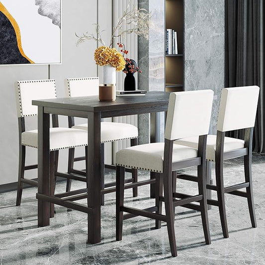 Harper & Bright Designs 5-Piece Counter Height Dining Set, Classic Elegant Table and 4 Chairs in Espresso and Beige