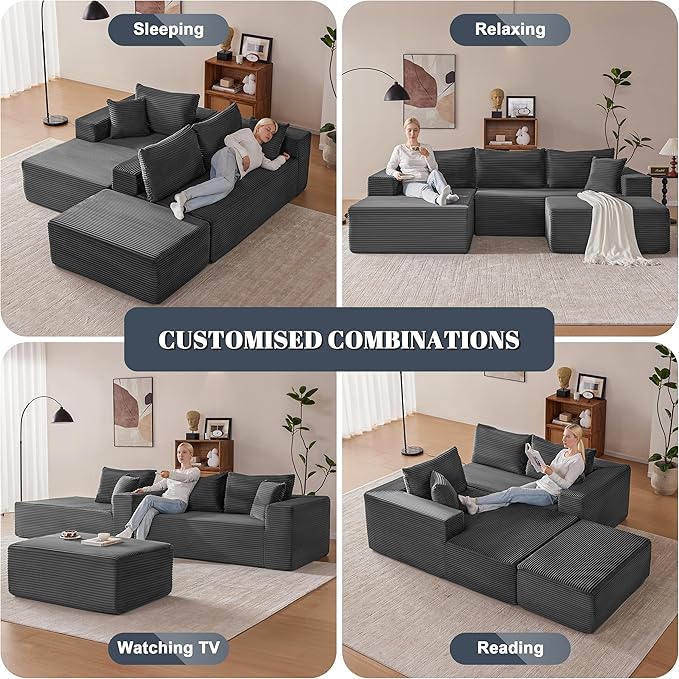 Mangodan 110” Cloud Sectional Couch, Modular Sectional Sofa with Deep Seat, Boneless Sofa for Living Room, Fluffy Comfy U-Shaped Couch with Left Facing Chaise, No Assembly Required, Grey