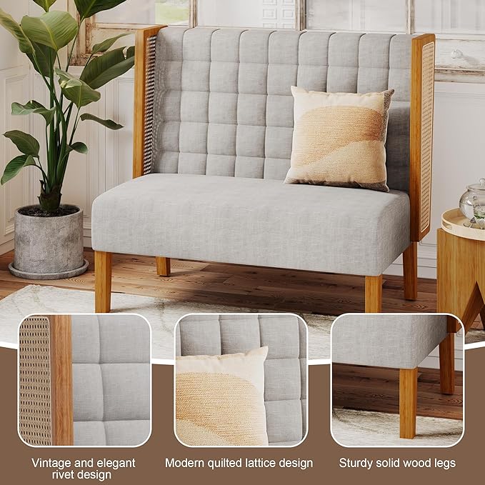 Andeworld Loveseat Settee Bench with Rattan Arms, Upholstered Modern Mini High-Back Sofa Couch,Banquette Dining Bench for Living Dining Room Bedroom Office Small Space Entryway，Grey