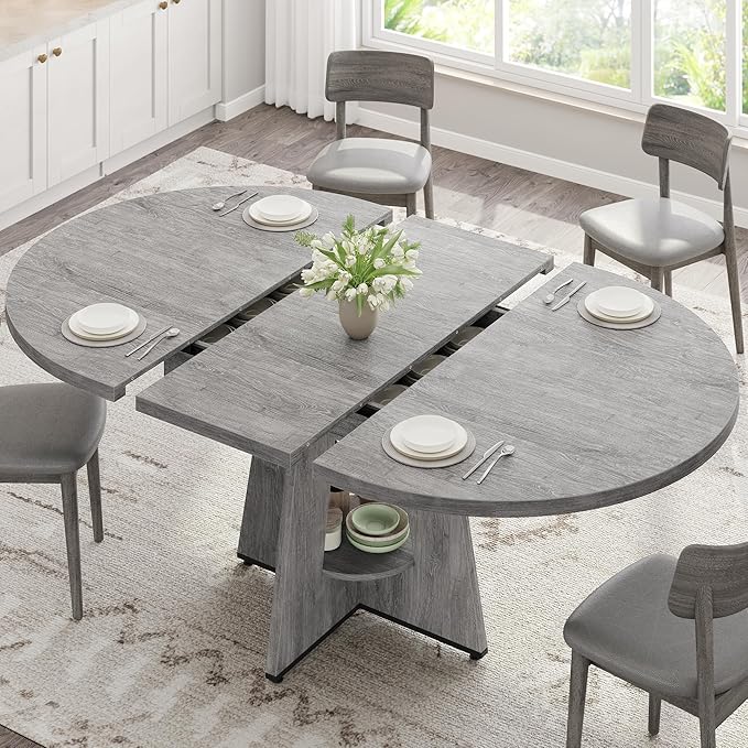 Extendable Dining Table, Round Kitchen Dining Room Dinner Table with for 4 6 8 People, Space Saving Modern Oval Expandale Furniture with Storage and Pedestal for Kitchen Living Room (Grey)