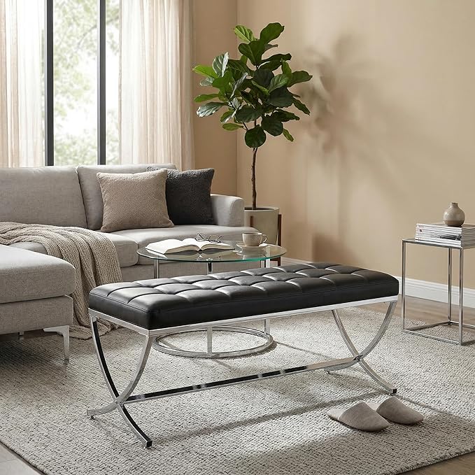 LukeAlon Modern PU Leather Dining Bench, Button Tufted Ottoman Bench with X-Shape Chrome Finish Upholstered End of Bed Bench Comfy Entryway Bench for Bedroom Kitchen, Black