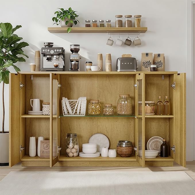 Einhomn 55" Sideboard Fluted Buffet Cabinet with Storage, Glass Doors & Led Lights, Coffee Bar Station with Adjustable Shelves, Modern Wood Cabinet for Kitchen, Living Room, Natural Oak