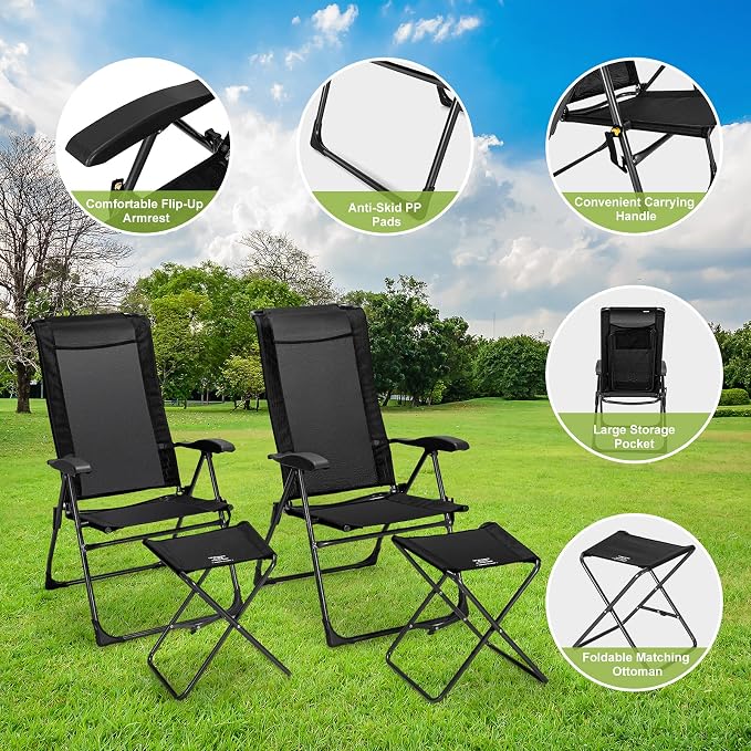 Giantex 4 Pcs Folding Patio Chairs with Footrest, Adjustable Back, 2 Pack Outdoor Portable Sling Patio Dining Chairs for Camping Lawn Bistro Porch Garden Yard Pool, Black
