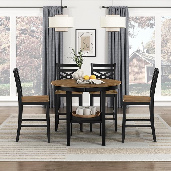 Lexicon 5 Piece Counter Height Dining Set for 4 - Acacia Veneer Wood Table Round with Storage Shelf and Cross Back Chairs, Dining Room Small Kitchen Table Set for 4, Two-Tone Finish (Brown and Black)