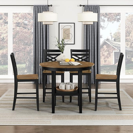 Lexicon 5 Piece Counter Height Dining Set for 4 - Acacia Veneer Wood Table Round with Storage Shelf and Cross Back Chairs, Dining Room Small Kitchen Table Set for 4, Two-Tone Finish (Brown and Black)