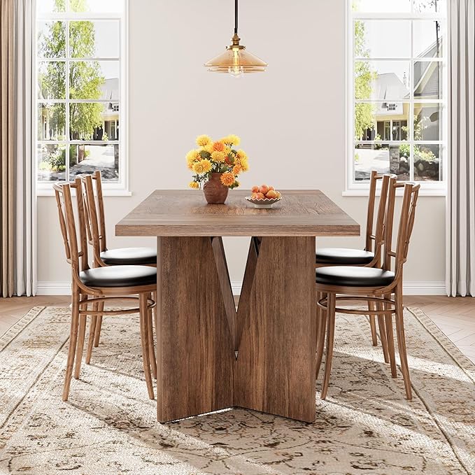 GarveeHome 70.9'' Rectangular Dining Table for 6-8, Wooden Thickened Long Desk, Farmhouse Kichen Table with Sturdy Frame and M-Shaped Legs, for Dining Room, Kitchen, Living Room, Office, Retro Brown