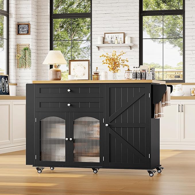 FINETONES Kitchen Island with Storage, Rolling Kitchen Island on Wheels with Wood Drop Leaf Countertop, Island Table Bar Cart with Spice Towel Rack Portable Kitchen Table Kitchen Carts on Wheels