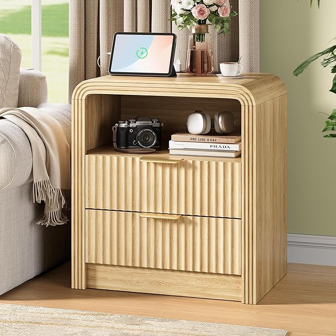 Decofy Fluted Nightstand with Charging Station, 19.7'' Wide Morden End Table with USB/Type-C Ports, 2 Drawers & Open Shelf, Curved Profile Design, Wood Bedside Table for Bedroom (Natural Oak)