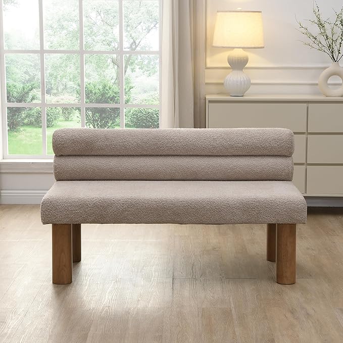 GDFStudio Upholstered Boucle Dining Bench with Backrest Farmhouse Entryway Bench with Rubber Wood Legs Long Indoor Bench for Bedroom Living Room End of Bed Dining Room Seating, Light Grey